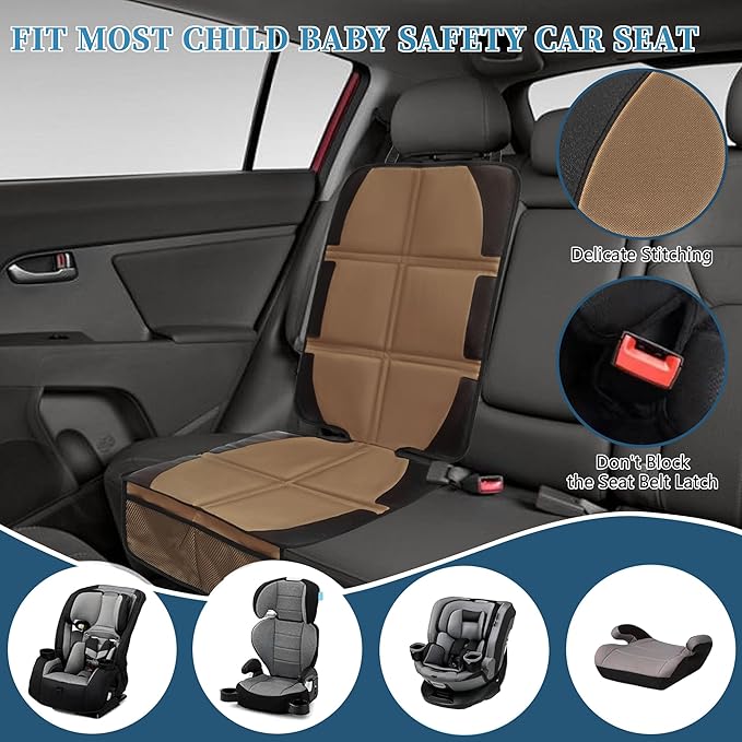 Car Seat Protector, 2 Pack Baby CarSeat Covers with Mesh Pockets & Non-Slip Backing 600D Durable Seat Protectors Under Car Seat for Baby (Black & Brown, Large)-BubblyBeeBaby