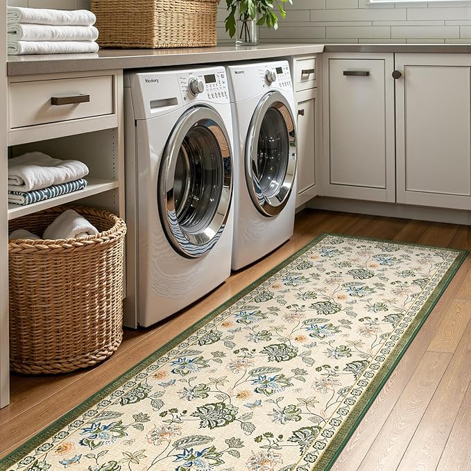 jinchan 2x5 Floral Runner Rug for Hallway Washable Kitchen Runner Vintage Romance Design Non Slip Thin Indoor Floor Cover Low-Profile Throw Carpet for Entryway Bathroom Bedroom Porch, Green/Beige-BubblyBeeBaby