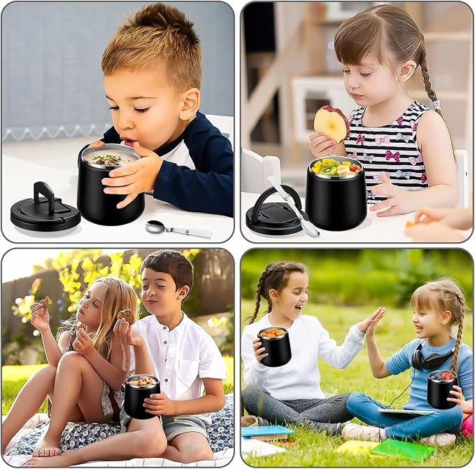 20oz Insulated Vacuum Food Jar with Buckle Lid,Soup Thermo for Hot Food Kids,Wide Mouth Leakproof Stainless Steel Lunch Container with Spoon-Black-BubblyBeeBaby