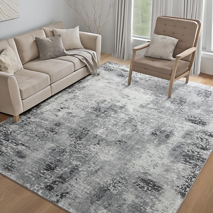 Kelarea Living Room Rug 8x10 Grey Rug Machine Washable Large Area Rugs, Non Slip Abstract Vintage Indoor Carpet for Bedroom, Nursery, Classroom, Dining Room, Home Office-BubblyBeeBaby