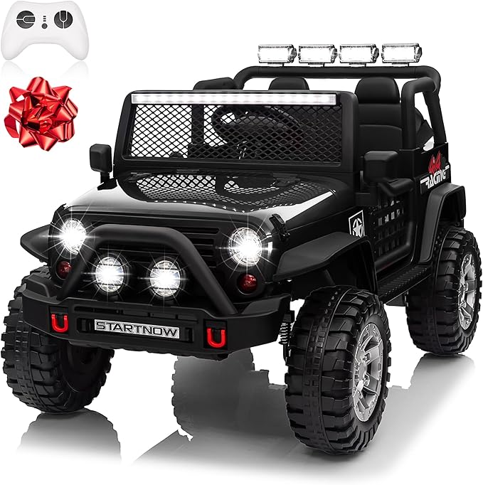 24V 4WD Ride on Truck Car w/800W Motors, Gift Flower, Remote Control, 2 Seaters, Light Bar, 3 Speeds, Pop Music, Power Four Wheels, 24 Volt Ride on Toy Car for Big Kids, Black-BubblyBeeBaby