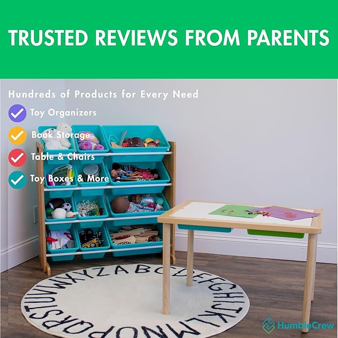 Humble Crew Kids Toy Storage Organizer with 12 Plastic Bins, Natural Wood/Aqua – Removable Bins for Playroom, Bedroom, Toddler Furniture for Boys and Girls Ages-BubblyBeeBaby