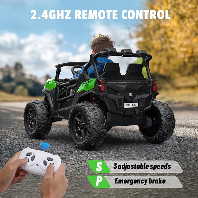 24V 2 Seater Ride on Car Truck, 4x200W, EVA Tires, Remote Control, 4WD/2WD, Rainbow Lights, Shock Absorbers, Bluetooth, Ride On UTV Toy for Kids Ages 3-8, Green-BubblyBeeBaby