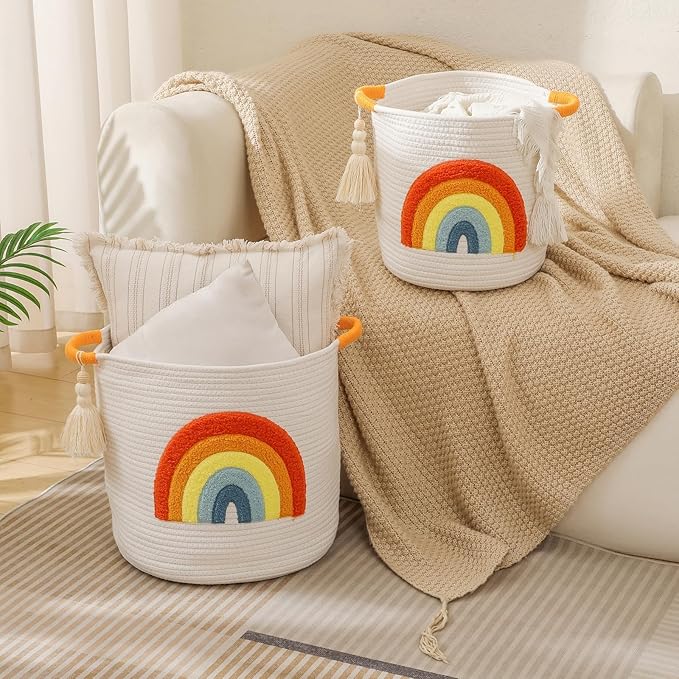 INough Toy Storage Baskets Woven Cotton Rope Storage Basket Kids Blanket Baskets for Living Room, Toys Organizer with Embroidery Colorful Rainbow Decor, Baby Basket for Laundry Nursery (Boho Rainbow)-BubblyBeeBaby