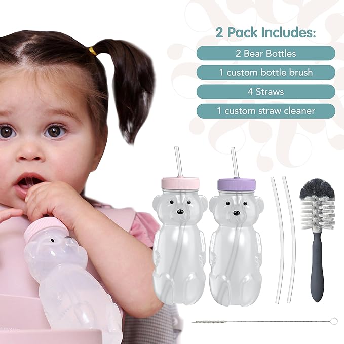 Honey Bear Straw Cup for Babies, 8oz Honey BearCup with Bottle Brush, 2-Pack Improved Lid Therapy Learning Honeybear Straw Cup for Baby, Cherry Blossom & Unicorn-BubblyBeeBaby