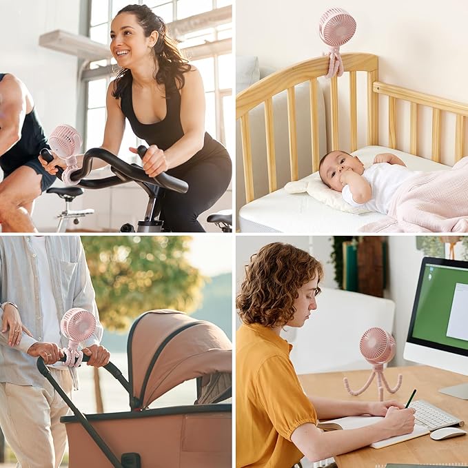 Momcozy Portable Stroller Fan, 8000mAh, 27H Ultra-long Battery Life, Detachable 4 Speed 360°Rotate, LED Night Light with 2 Modes, USB Rechargeable Handheld Cooling Fan for Travel, Car Seat, Bedroom-BubblyBeeBaby