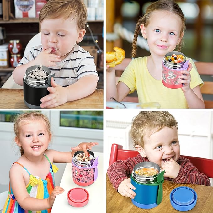 10oz Soup Thermo for Hot Food Kids,Lunch Thermo Kids Food Jar with Spoon Hot Insulated Food Containers,Leak Proof Stainless Steel Wide Mouth Lunch Food Thermo Jar for School(Pink-Flamingo)-BubblyBeeBaby