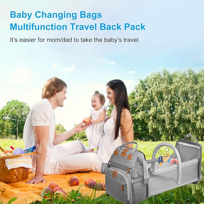 Jeryswet Baby Diaper Bags with Changing Station, Waterproof Large Capacity Diaper Bag Backpack for Moms Dads with USB Charging Port and Stroller Straps, Baby Shower Gifts, Grey-BubblyBeeBaby