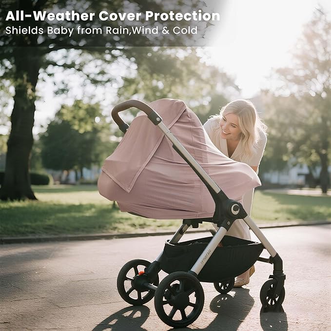 Konssy Baby Car Seat Cover with Breathable Mesh Window, Stretchy Windproof and Sunshade Canopy for Infant Car Seats, Boys and Girls-BubblyBeeBaby