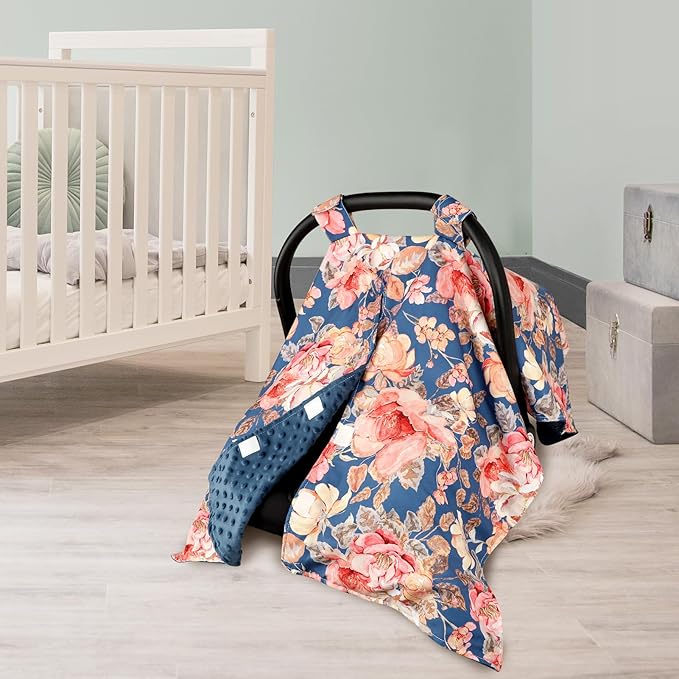 TANOFAR Car Seat Cover Baby, Carseat Covers Baby Boy Girl, Peekaboo Opening Infant Car Seat Cover for Winter, Warm & Cozy, Blue Floral-BubblyBeeBaby
