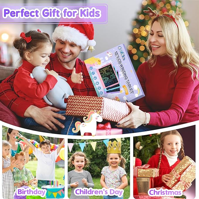 Hockvill LCD Writing Tablet for Kids 12 Inch, Kids Learning Toys Drawing Pad for Girls Boys, Unicorn Doodle Board for Toddlers 3 4 5 6 7 8 Year Old Travel Essentials, Christmas Birthday for Kids-BubblyBeeBaby