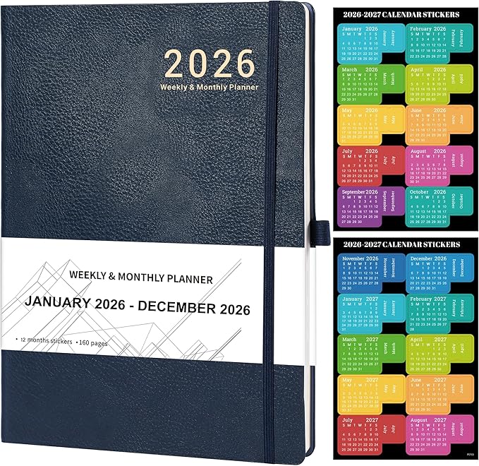 2026 Planner - Weekly and Monthly Planner 2026, JAN 2026 - DEC 2026, 8.5" x 11", Leather Cover 2026 Planners with Thick Paper, Back Pocket with Notes Pages - Blue-BubblyBeeBaby