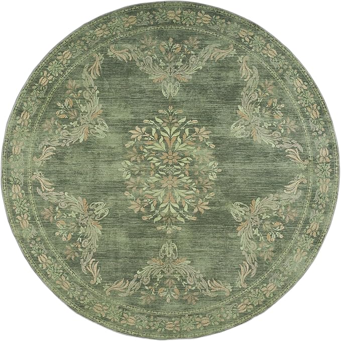 jinchan Round Rug 6ft Area Rugs Vintage Floral Distressed Design,Machine Washable Soft Non-Slip Low-Pile Ultra-Thin Circle Rug for Bedside Living Room Dining Room Bedroom (6' Round, Dark Green)-BubblyBeeBaby