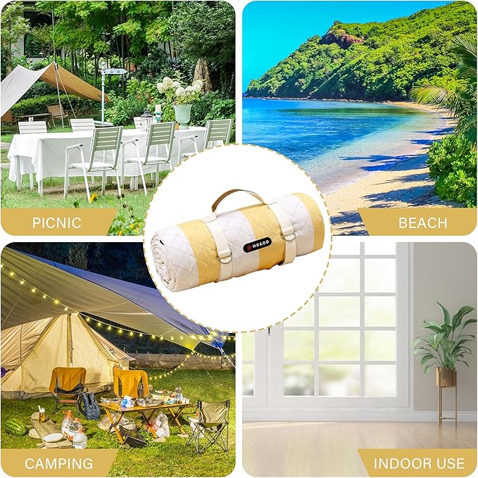 HX&OD Outdoor Picnic Blanket Extra Large, 80''*60'' Waterproof Picnic Mat with Stakes Foldable Camping Blanket Portable with Carry Strap for Beach Mat (Green& White, 80''*60'')-BubblyBeeBaby