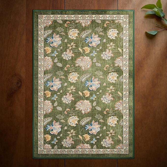 jinchan 2x3 Floral Rug for Entryway Washable Kitchen Rug Vintage Romance Design Small Mat Non Slip Indoor Doormat Lightweight Low-Profile Throw Carpet for Entrance Bathroom Laundry Room, Green-BubblyBeeBaby