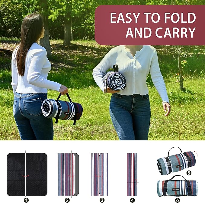 HX&OD Outdoor Picnic Blanket Extra Large, 80''*60'' Waterproof Picnic Mat with Stakes Foldable Camping Blanket Portable with Carry Strap for Beach Mat (Green& White, 80''*60'')-BubblyBeeBaby