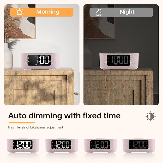 JALL Fabric Alarm Clock for Bedroom, with Big Led Screen Display, Bluetooth Stereo Sound Speaker, FM Radio, Fast Wireless Charging, USB Charging Port, Nightlight, White Noise, Ideal for Gift, Pink-BubblyBeeBaby