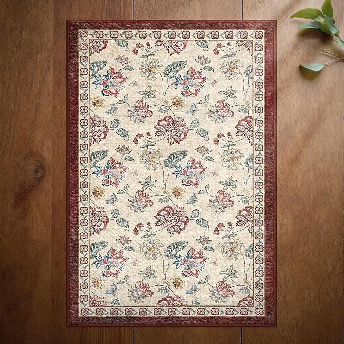 jinchan 2x3 Floral Rug for Entryway Washable Kitchen Rug Vintage Romance Design Small Mat Non Slip Indoor Doormat Lightweight Low-Profile Throw Carpet for Entrance Bathroom Laundry Room, Red/Beige-BubblyBeeBaby