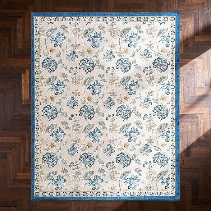 jinchan 8x10 Floral Rug for Living Room Washable Bedroom Rug Vintage Romance Design Non Slip Thin Indoor Floor Cover Large Low-Profile Throw Carpet for Dining Room Office, Blue/Beige-BubblyBeeBaby