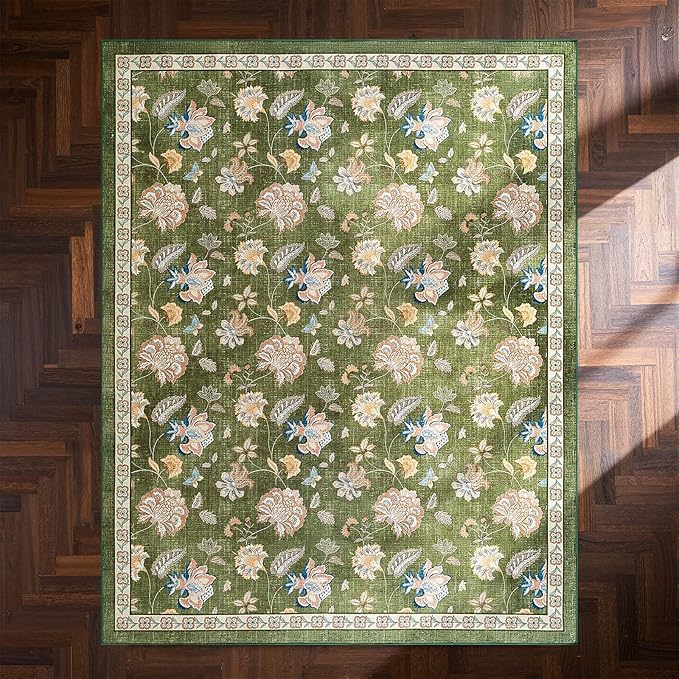 jinchan 8x10 Floral Rug for Living Room Washable Bedroom Rug Vintage Romance Design Non Slip Thin Indoor Floor Cover Large Low-Profile Throw Carpet for Dining Room Office, Green-BubblyBeeBaby