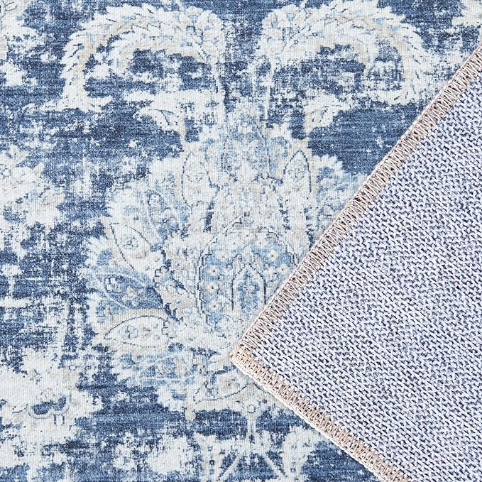 jinchan Hallway Runner Rug 3x10 Machine Washable Runner Rug Dark Blue Vintage Floral Design Non-Slip Low Pile Ultra-Thin for Kitchen Laundry Room Bedroom Farmhouse (3‘x10',Dark Blue)-BubblyBeeBaby