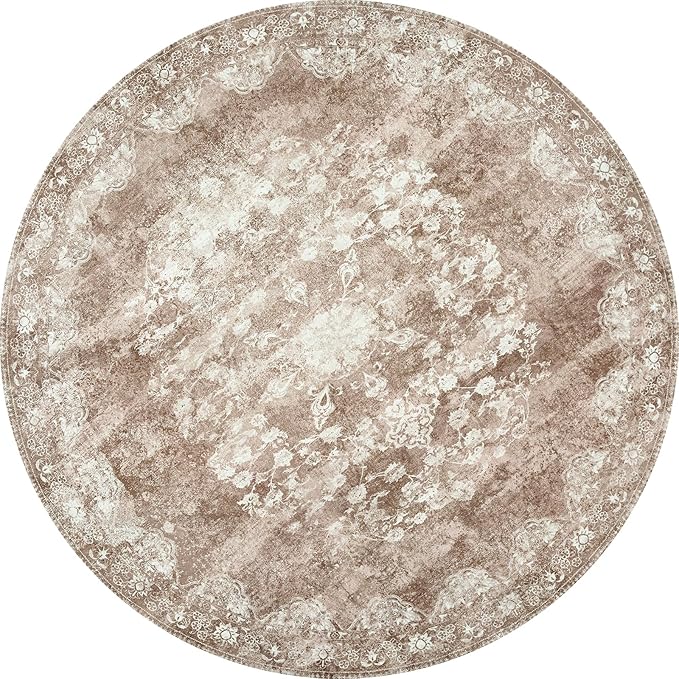 jinchan Round Rug 8ft Area Rug - Brown Vintage Floor Mat Kitchen Indoor - Washable Circle 8' Thin Floral Print Carpet Retro Farmhouse Non Slip Dining Room Living Room Bedroom Office-BubblyBeeBaby