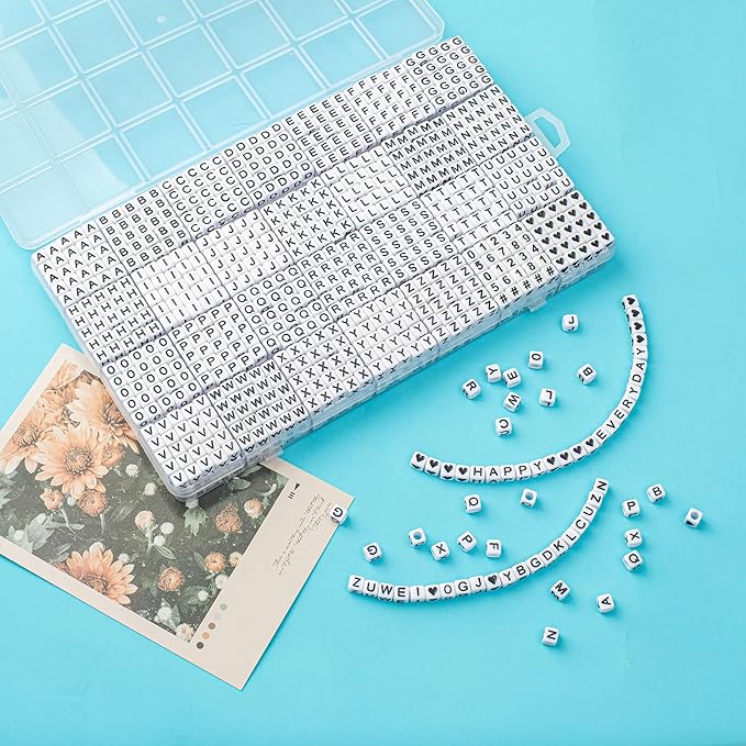 1400pcs Letter Beads, 6x6 mm Acrylic Alphabet Beads, Beads for Jewelry and Bracelet Making, in 28 Grid Box (White and Black)-BubblyBeeBaby