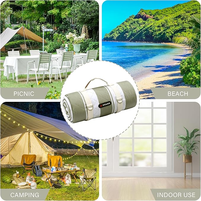 HX&OD Outdoor Picnic Blanket Extra Large, 80''*80' Waterproof Picnic Mat with Stakes Foldable Camping Blanket Portable with Carry Strap for Beach Mat (Green, 80''*80'')-BubblyBeeBaby