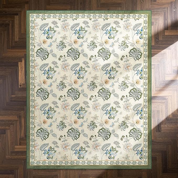 jinchan 8x10 Floral Rug for Living Room Washable Bedroom Rug Vintage Romance Design Non Slip Thin Indoor Floor Cover Large Low-Profile Throw Carpet for Dining Room Office, Green/Beige-BubblyBeeBaby