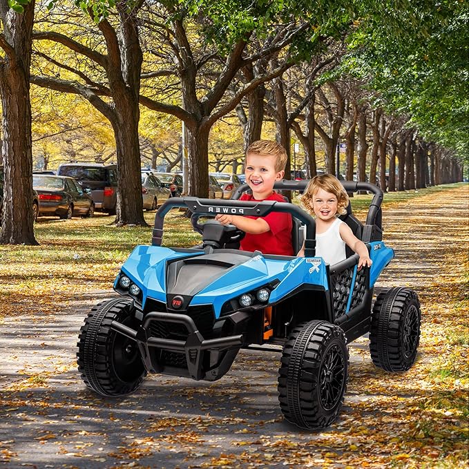 24V 2 Seater Ride On Car Truck, Power Wheels Kids UTV w/Parent Remote Control, 3.1 MPH Max Speed, Music Player, LED Lights & Storage, Electric Vehicle Ride On Toy for Kids Toddler Ages 3-8, Blue-BubblyBeeBaby