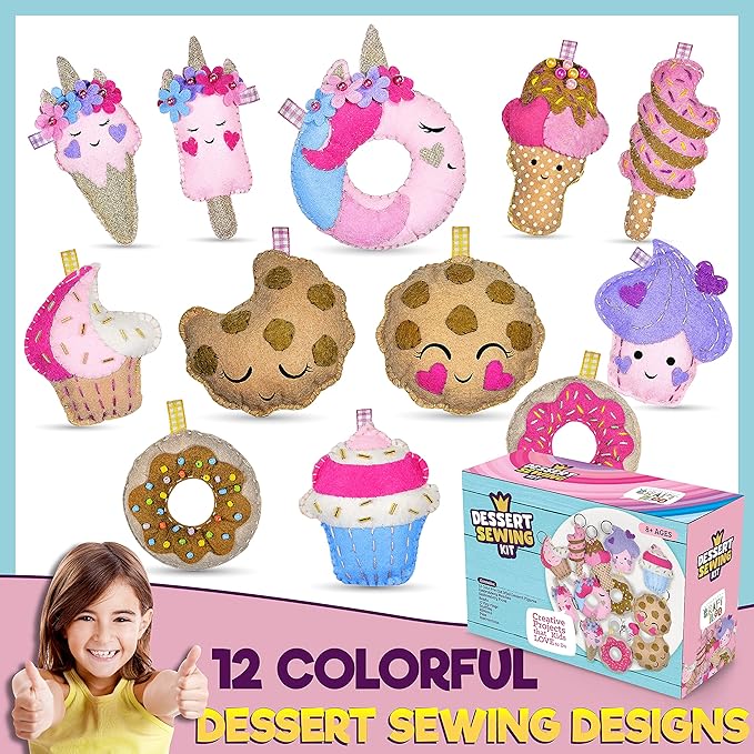 12 Pre-Cut Mini Treats Dessert Fun Kids Sewing Kit for Kids Ages 8-12 Children Beginners Sewing kit kid crafts Make Your Own Felt Pillow Plush Craft Kit Girls and Boys Art Craft Kits Learn to Sew Kit-BubblyBeeBaby