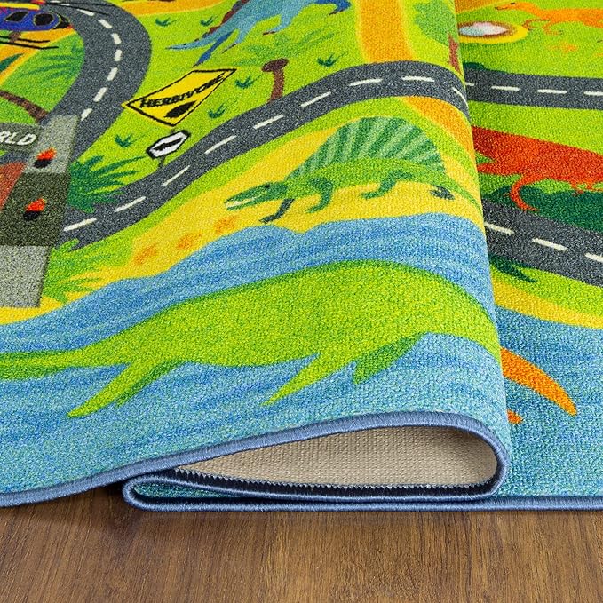 KC Cubs 8x10 Dinosaur Toy Car Dino Road Rug – Educational Play Mat Carpet for Kids, Toddlers, Nursery, Classroom, Playroom, Baby Daycare, Boys & Girls-BubblyBeeBaby