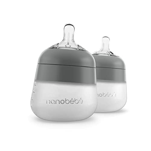 Nanobebe Flexy Silicone Baby Bottle, Anti-Colic, Natural Feel, Non-Collapsing Nipple, Non-Tip Stable Base, Easy to Clean 2-Pack, Gray, 5 oz-BubblyBeeBaby