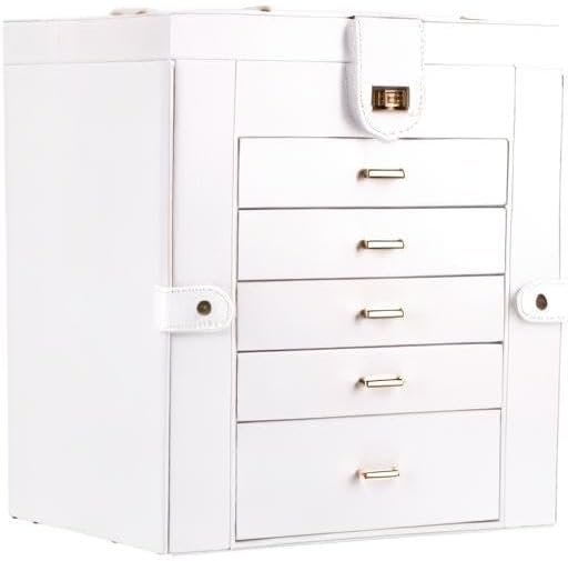 Kendal Extra Large Jewelry Box Jewelry Case PU Leather 6 Tier 5 Drawers Large Storage Capacity with Mirror Jewelry Storage Organizer Great Gift Also Good For Watches LJC-SHD5CM(White)-BubblyBeeBaby