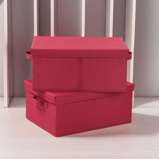 HOONEX Storage Bins with Lids for Organizing, Pack of 2, Storage Boxes with 2 Carrying Handles and Sturdy Heavy Cardboard, 16.5" L x 11.8" W x 7.5" H for Shoes, Books, Clothes, Red-BubblyBeeBaby