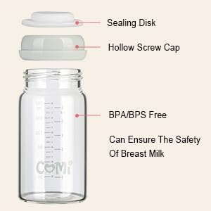 COMI Wide Neck Glass Breastmilk Collection n Storage Bottle, 6oz with Screw Ring Sealing Disk; Re-markable Sealing Disc. BPA Free, Fits Breast Pumps & Nipples (Gray Lids)-BubblyBeeBaby