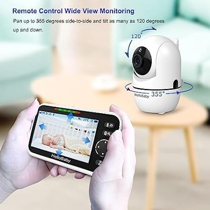 HelloBaby Upgrade 5’’ Baby Monitor with 30-Hour Battery, 2 Cameras Pan-Tilt-Zoom, 1000ft Range Video Audio Baby Monitor No WiFi, VOX, Night Vision, 2-Way Talk, 8 Lullabies and Temperature-BubblyBeeBaby