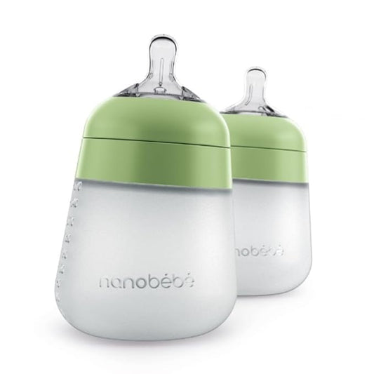 Nanobebe Flexy Silicone Baby Bottle, Anti-Colic, Natural Feel, Non-Collapsing Nipple, Non-Tip Stable Base, Easy to Clean 2-Pack, Sage, 9oz-BubblyBeeBaby