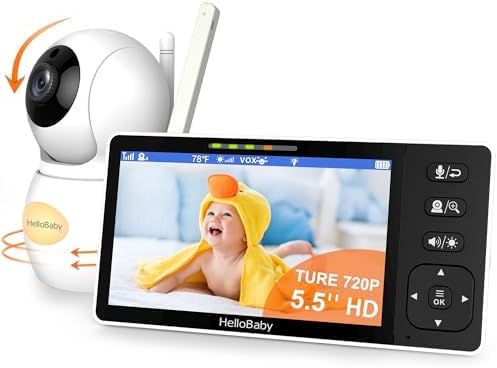 HelloBaby 720P 5.5'' HD Baby Monitor with Camera and Audio No WiFi, Video Baby Monitor, Remote Pan Tilt Zoom Wide View Range, 1080P Infant Camera, Night Light, Hack Proof, 4000mAh Battery, 1000ft-BubblyBeeBaby