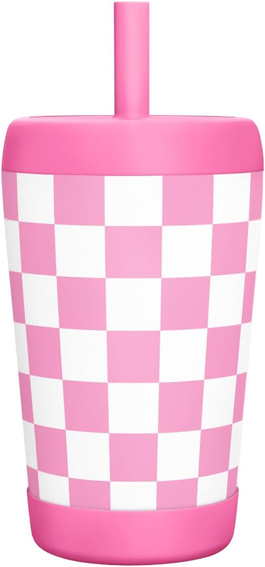 Kid Insulated Stainless Steel Tumbler with Silicone Straw, 12oz Sippy Cup for Kids (Pink Checkerboard)-BubblyBeeBaby