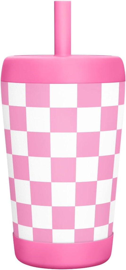 Kid Insulated Stainless Steel Tumbler with Silicone Straw, 12oz Sippy Cup for Kids (Pink Checkerboard)-BubblyBeeBaby