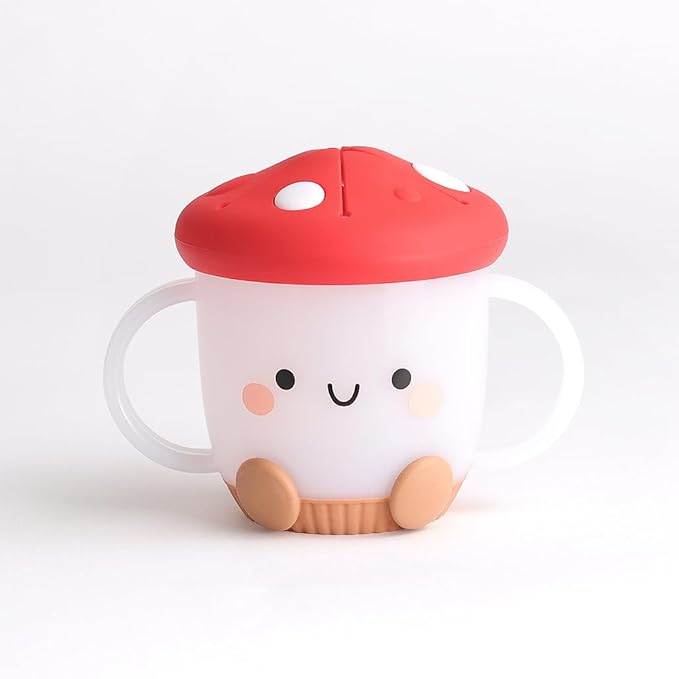 Itzy Ritzy Toddler Snack Cup - Spill-Proof Snack Cup for Toddlers with Soft Silicone Lid for Easy Food Access - Easy-To-Hold Kids Snacks Container With Handles - Ideal for 12 months & Up (Mushroom)-BubblyBeeBaby