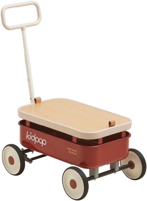 kidpop PULA-Wild 3-in-1 Kids' Pull-Along Wagon Toddlers Push Walker for 2.5-8, Removable Wooden Cover and Adjustable Handlebar, Birthday Gifts Max Weight 33 lbs (Red)-BubblyBeeBaby