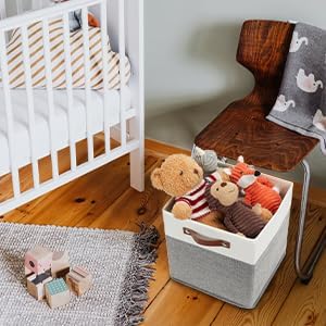 HNZIGE Fabric Storage Cubes 12x12 Cube Storage Bins, Set of 4, Decorative Cube Organizers Bins for Shelves with Handles,Foldable Bins for Cube Organizer Home Toy Nursery Closet(White Gray)-BubblyBeeBaby