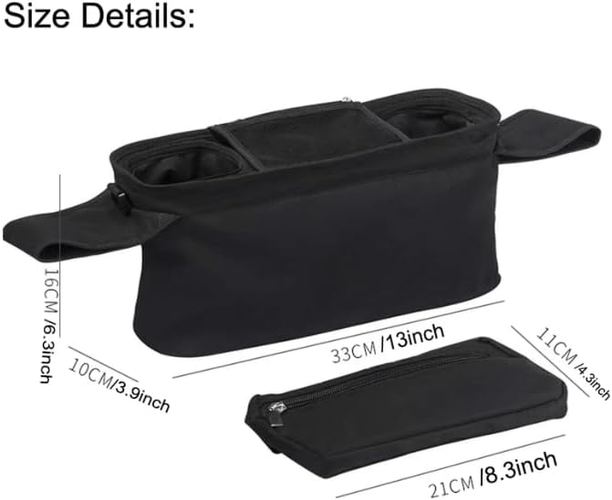 Universal Stroller Organizer with Insulated Cup Holder, Detachable Phone Bag, Shoulder Strap – Fits All Stroller Types, Keeps Drinks Hot/Cold (Black)-BubblyBeeBaby
