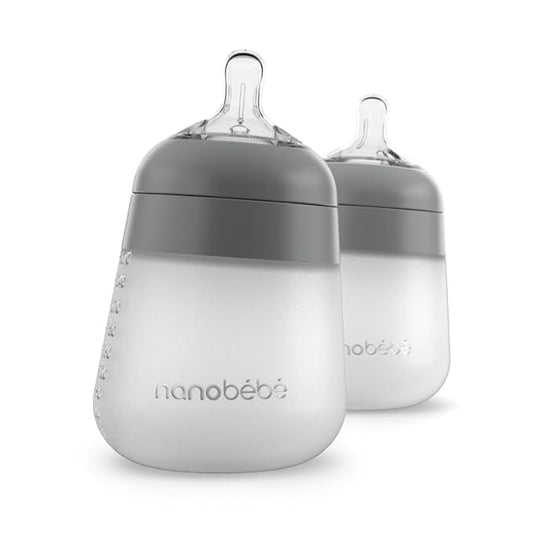 Nanobebe Flexy Silicone Baby Bottle, Anti-Colic, Natural Feel, Non-Collapsing Nipple, Non-Tip Stable Base, Easy to Clean 2-Pack, Grey, 9oz-BubblyBeeBaby