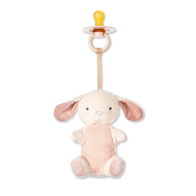Itzy Ritzy Pacifier & Lovey Set - Natural Rubber Pacifier with Stuffed Animal Lovey - Detachable Plush Bunny Binky Holder & Coordinating Natural Rubber Binky, Ideal for Ages 0-6 Months (Bunny)-BubblyBeeBaby