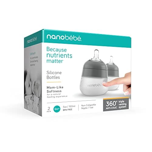 Nanobebe Flexy Silicone Baby Bottle, Anti-Colic, Natural Feel, Non-Collapsing Nipple, Non-Tip Stable Base, Easy to Clean 2-Pack, Gray, 5 oz-BubblyBeeBaby