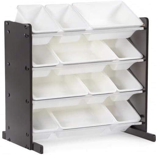 Humble Crew Kids Toy Storage Organizer with 12 Plastic Bins, Espresso/White – Removable Bins for Playroom, Bedroom, Toddler Furniture for Boys and Girls Ages-BubblyBeeBaby