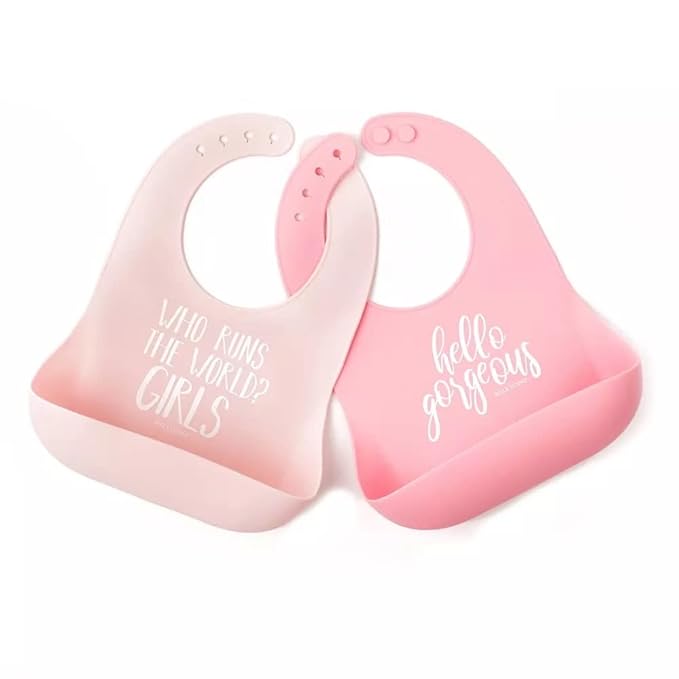 Baby Bib for Eating by Bella Tunno, Set of 2 Waterproof Silicone Bibs with Large Food Catcher, Adjustable Fit for Babies 4-12 months & Toddlers 1-3 Years, Boys & Girls, Who Runs The World & Gorgeous-BubblyBeeBaby